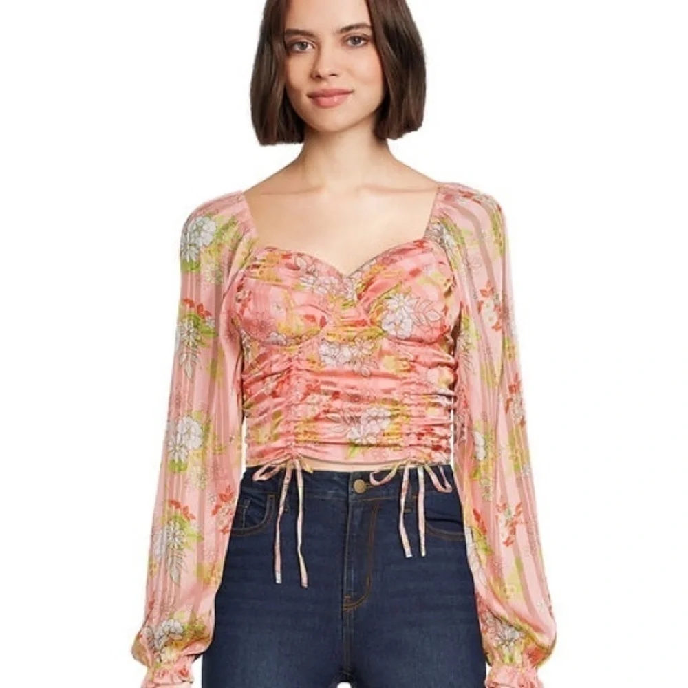 Madden NYC Junior's‎ Orange Floral Ruched Front Top with Sheering & Bra Cup - Picture 11 of 13